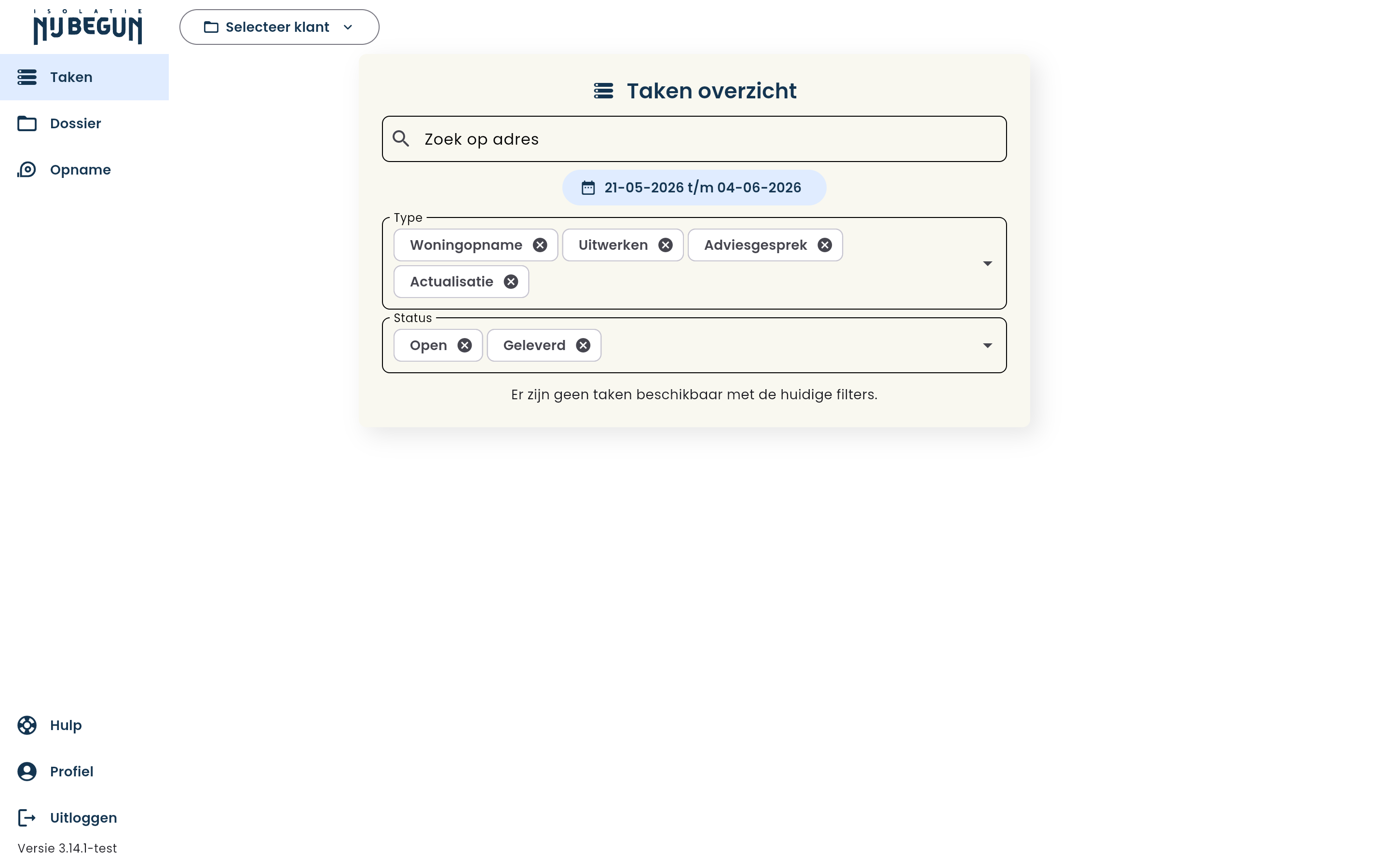 Taken overzicht in de Nij Begun-app: zijmenu links (Taken, Dossier, Opname), bovenin de knop Selecteer klant