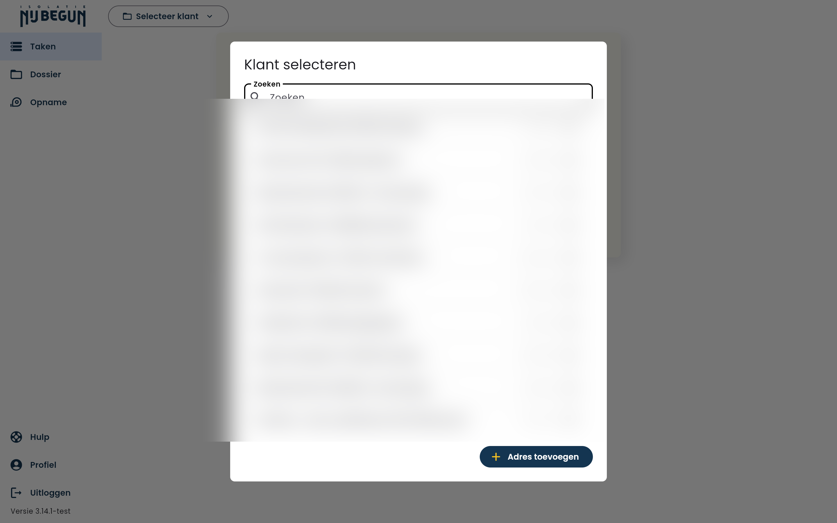 Selecteer klant: overzicht van bestaande dossiers met de knop Adres toevoegen rechtsonder