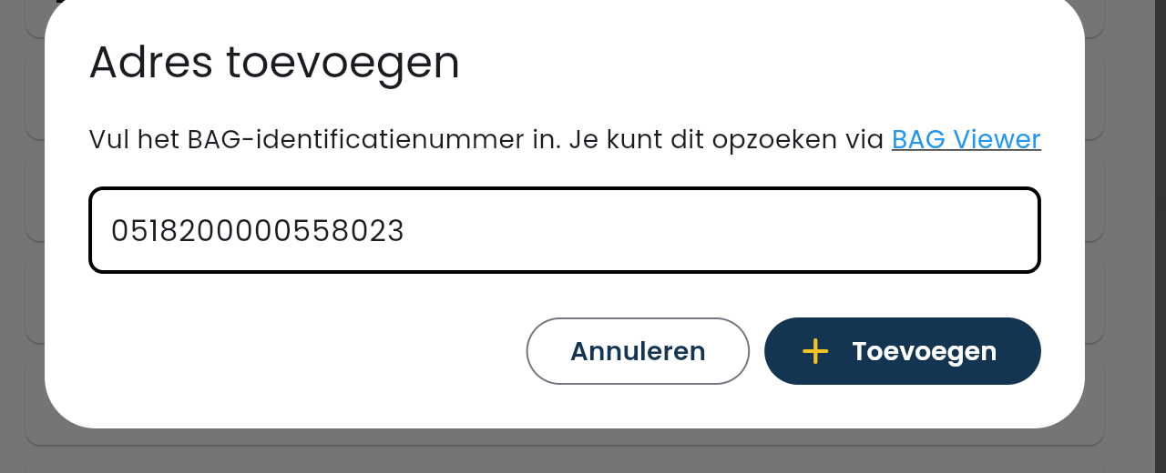 Adres toevoegen-dialoog: voer hier het BAG-identificatienummer in