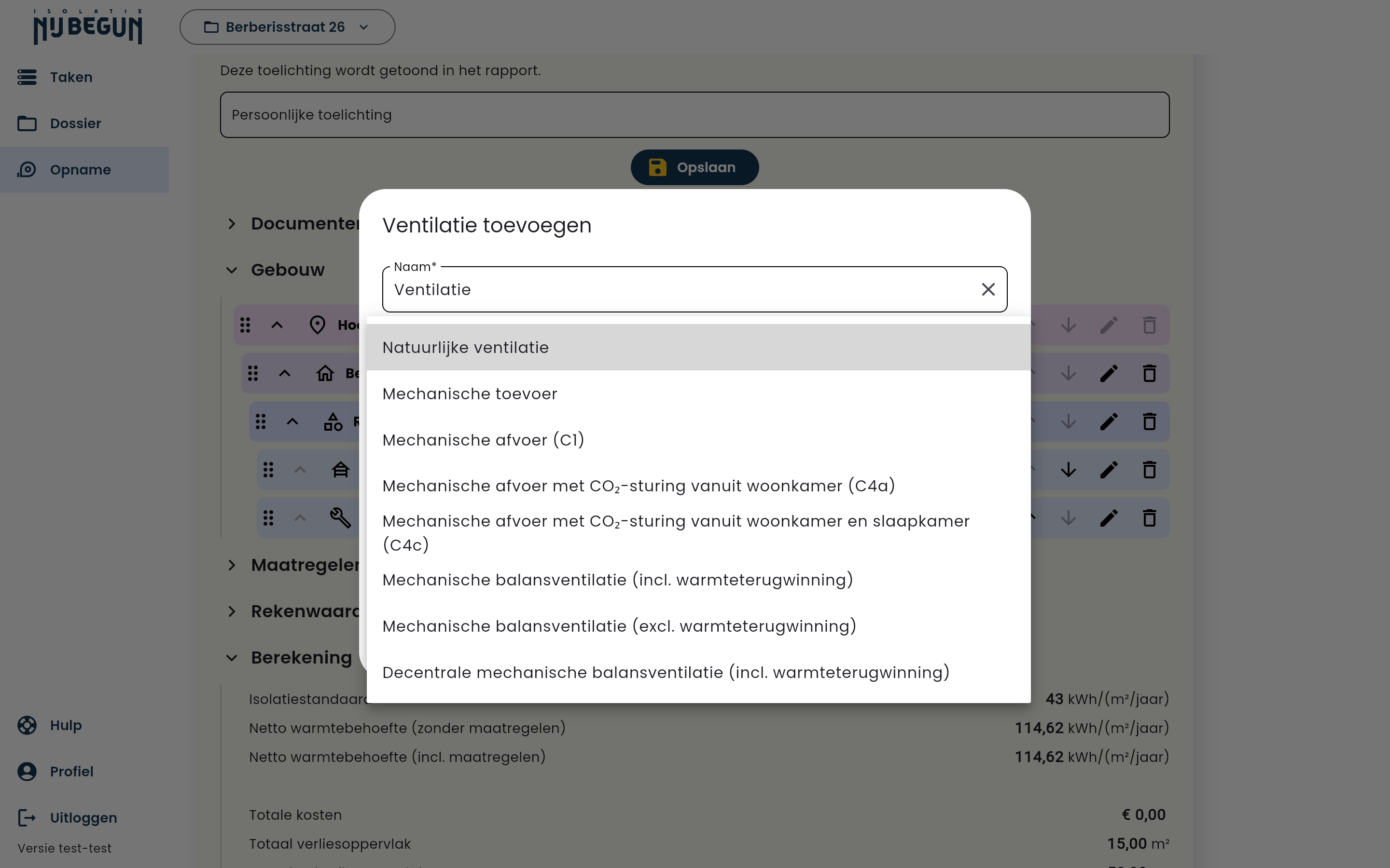 Dropdown Ventilatie optie open met alle keuzes